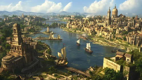 Riverine fantasy metropolis with neoclassical harbor architecture.