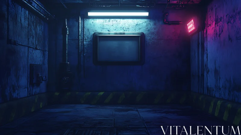 Industrial sci-fi control bay with neon rim lighting accents.