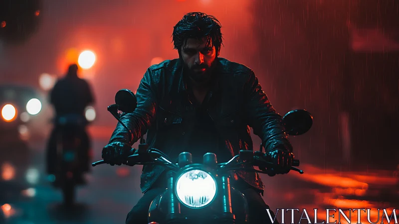 Cinematic rider in rain-soaked neon street composition.