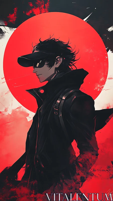 Silhouetted figure in dark attire before large red sun.