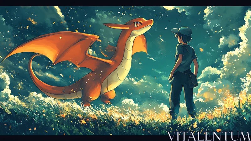 Trainer stands facing large orange dragon in glowing field