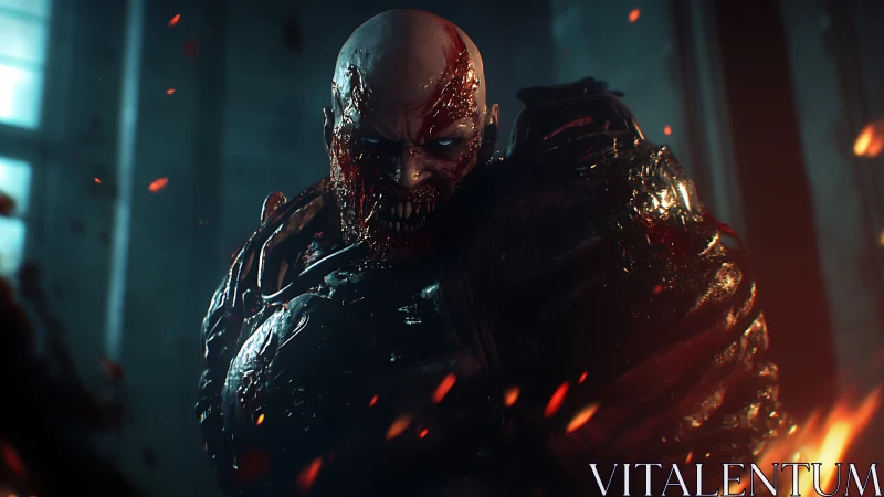 Bloodlit cyber abomination prowling a fire flecked corridor.