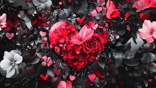 Red heart floral arrangement with roses and pink petals.