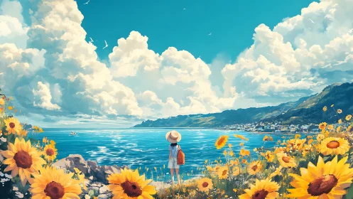 Figure observes coastal landscape with sunflowers and clouds