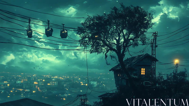 Hilltop shack, glowing city and cable cars at night.