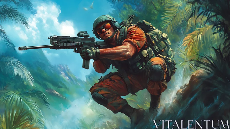 Jungle commando advances through misty tropic combat zone