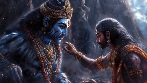 Two figures face each other in ornate, mythic digital artwork