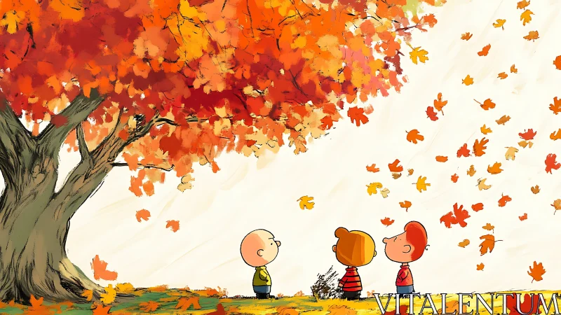 Cartoon kids under vivid autumn tree with falling leaves.