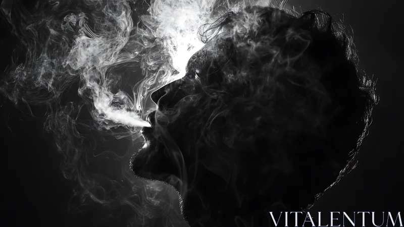 Side profile silhouette of person exhaling dense swirling smoke.