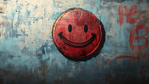 Red graffiti smiley face on distressed blue concrete wall.