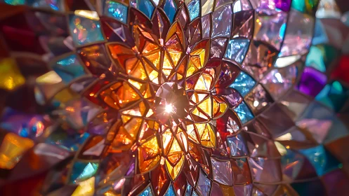 Radial stained glass mandala with central specular light burst