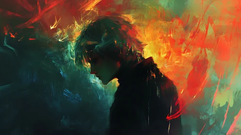 Brooding ember-hearted silhouette adrift in neon stormfire.