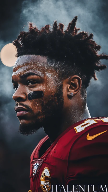 Focused American football player in red uniform portrait.