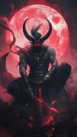 Horned demonic warrior under crimson supermoon with blood blade