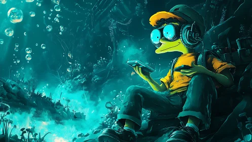 Boy with tablet explores glowing underwater cyber forest.