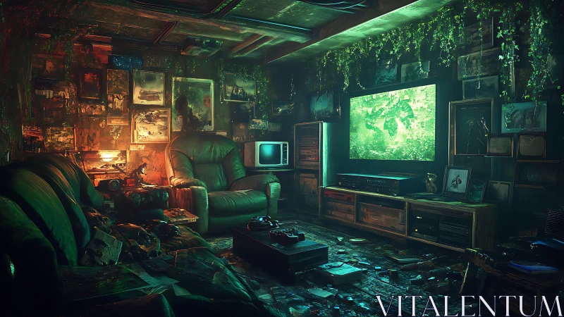 Retro gaming den glows under overgrown neon foliage.