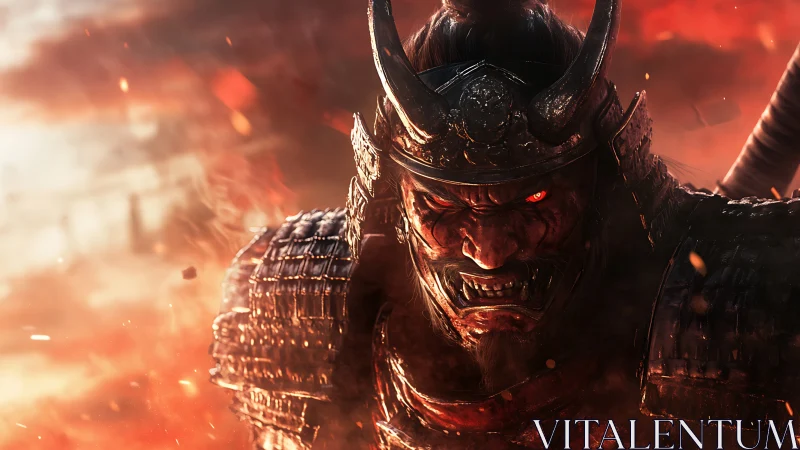 Demonic samurai warrior in flaming battlefield close-up render