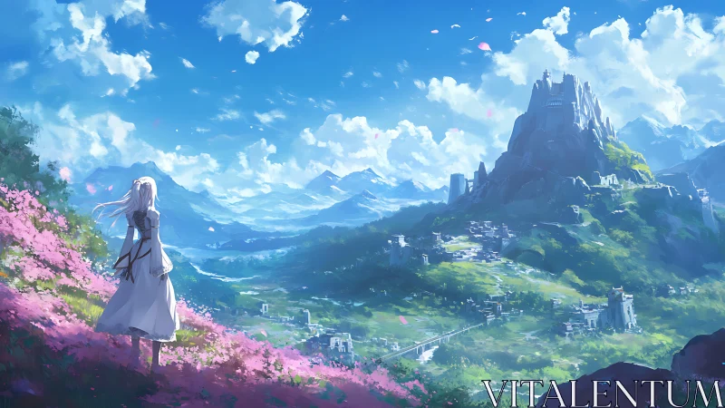 White haired figure overlooks distant mountain fortress city