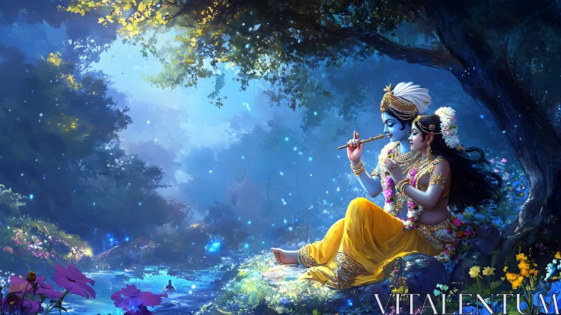 Divine riverbank lovers illuminated by ethereal moonlit glow