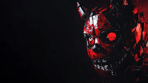 Red mechanical demon skull with glowing eyes on black.