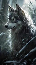 Wolf stands in snowy grassland rendered in soft cold light.
