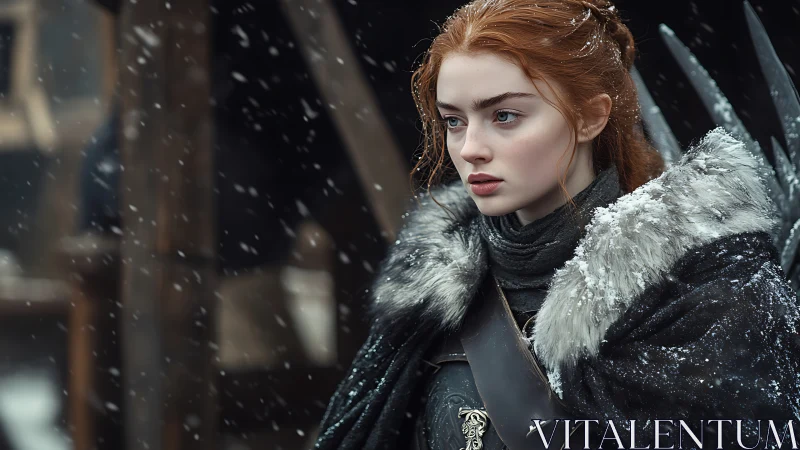 Red haired warrior woman in fur cloak in falling snow.