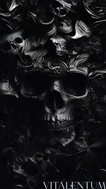 Sculpted black skull emerges from swirling molten darkness