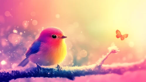 Vibrant Fantasy Bird and Butterfly on Glowing Branch, Dreamy Art.