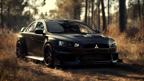 Modified black Mitsubishi sedan parked on forest dirt road