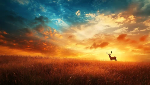 Majestic stag stands beneath blazing sunset sky over field.