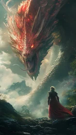 Armored warrior confronts colossal fire-lit dragon amid mist