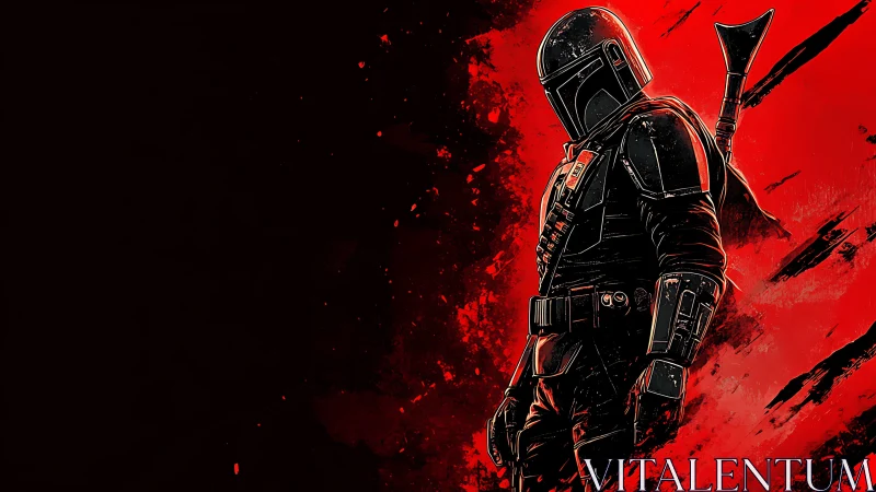 Armored space warrior stands against blazing red void