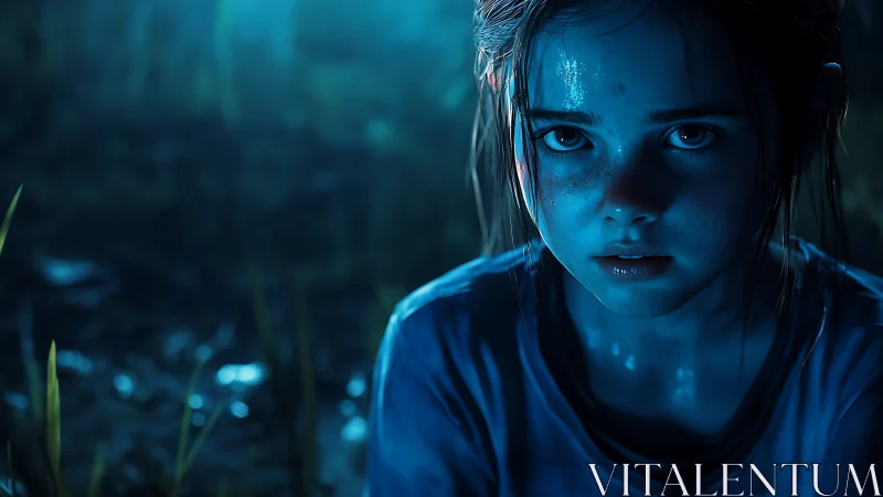Blue-lit distressed girl portrait in cinematic close-up frame.