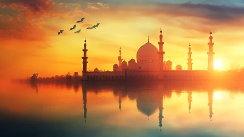 Mosque structure reflects across still water at sunrise