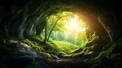 Cave Aperture with Luminous Forest: Backlighting Through Karstic Portal