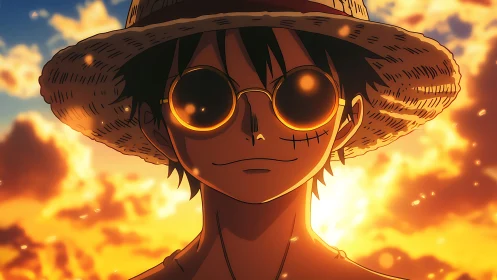 Stylized straw-hatted anime boy in golden sunset backlight