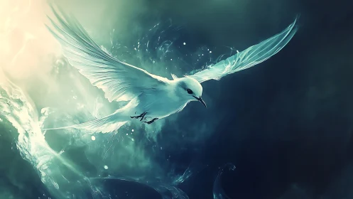 White bird in mid-flight crosses glowing teal light field