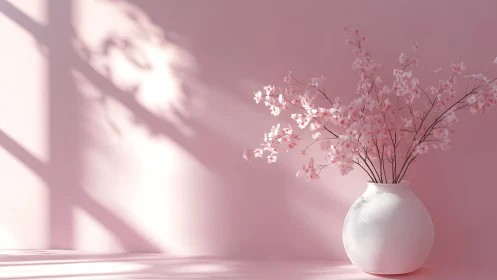Soft pink blossoms in a white vase catching gentle sunlight.