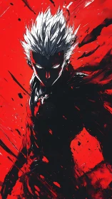 Chromatic shockwave portrait of white‑haired anime combatant.