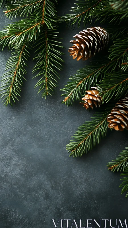 Evergreen branches frame frosted pine cones on dark slate