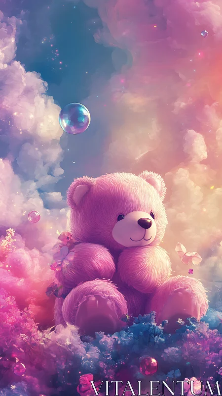 Volumetric pastel teddy bear amid iridescent nebula clouds.