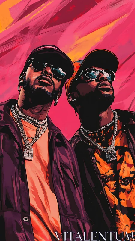 Digital painting portrait of two hip-hop artists on neon backdrop.