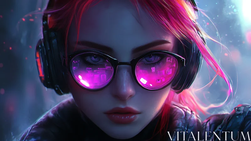 Neon hacker girl gazes through cyberpunk magenta mirrors.