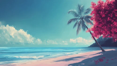 Tropical Beach at Sunset with Pink Flowering Tree.