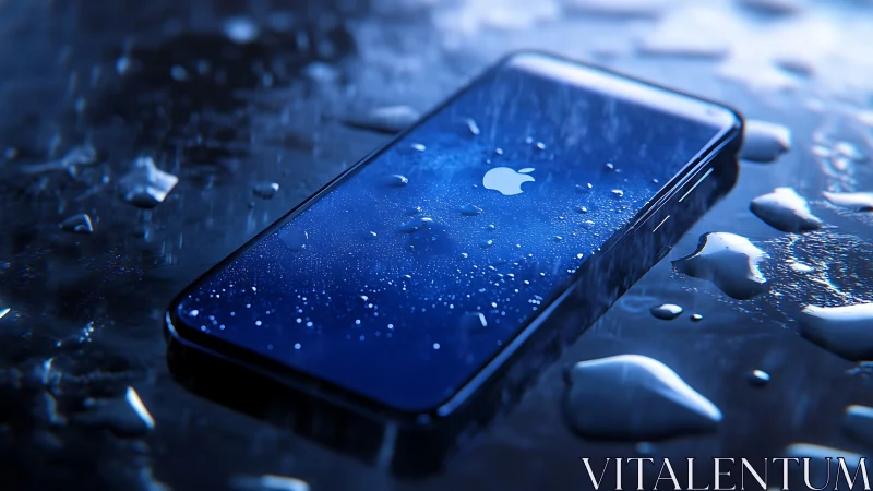 Photorealistic wet smartphone render with reflective glass surface.