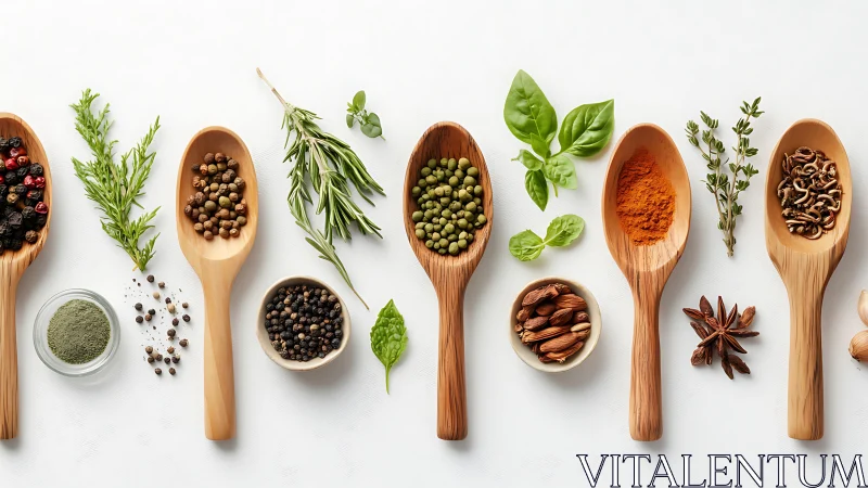 Overhead arrangement of wooden spoons with mixed herbs and spices