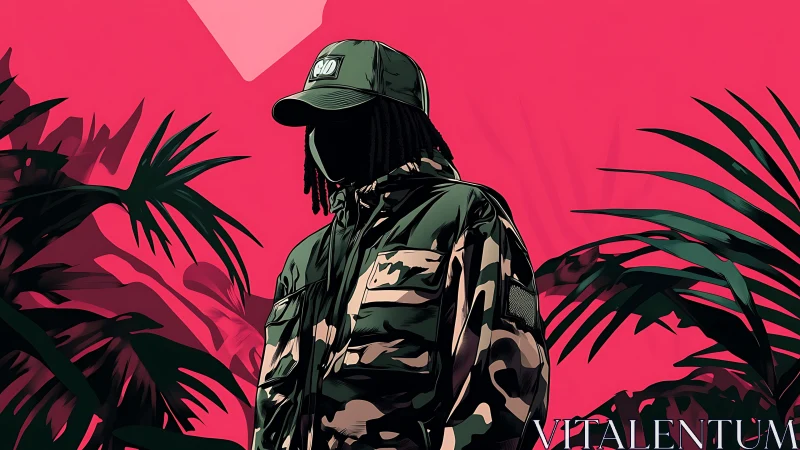 Camouflage figure in tropical foliage on flat pink background.