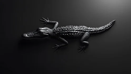 Shiny Black Alligator on Minimal Dark Background, Modern Art Style.