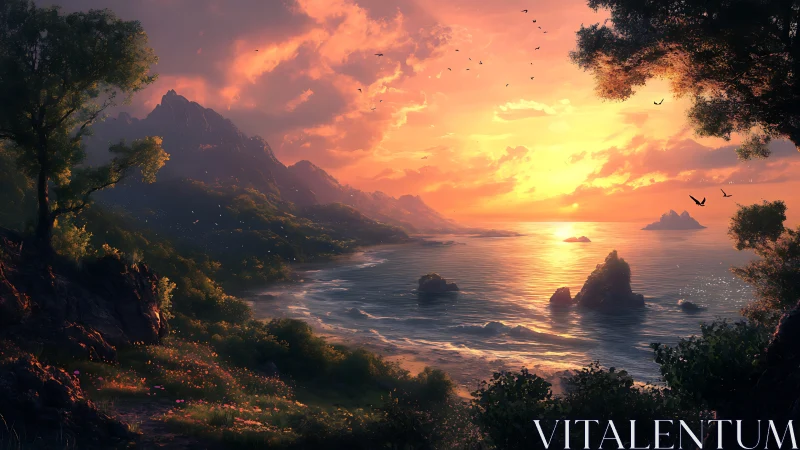 Sunset-illuminated coastal mountains rendered with high dynamic lighting