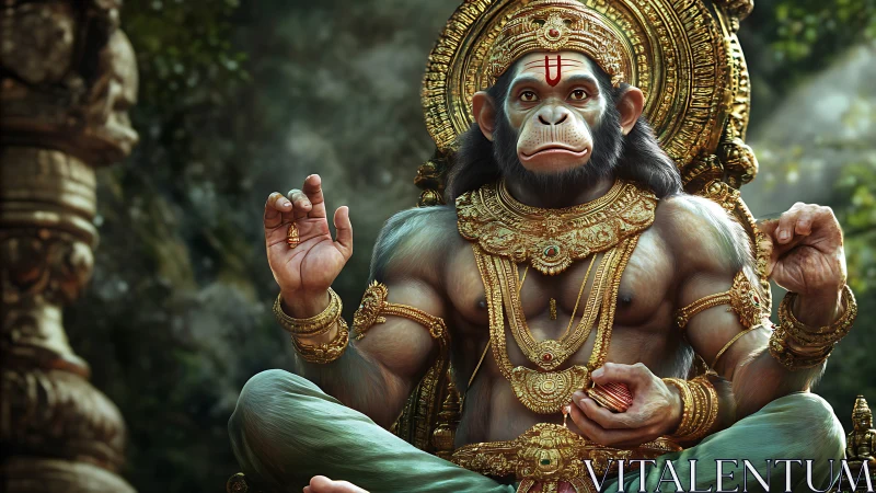 Regal monkey deity sits in golden splendor within a forest sanctuary